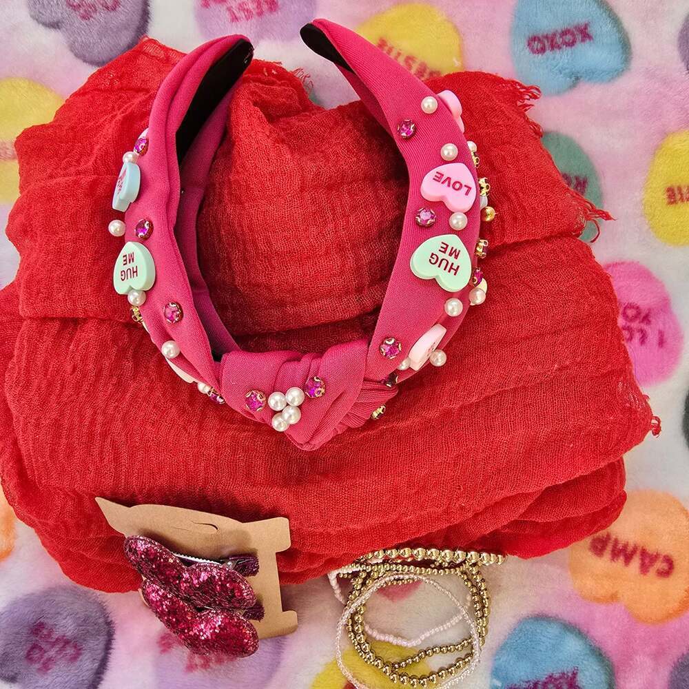 Valentine's Day Accessory Bundle Headband with Heart Clips and Bracelet Set